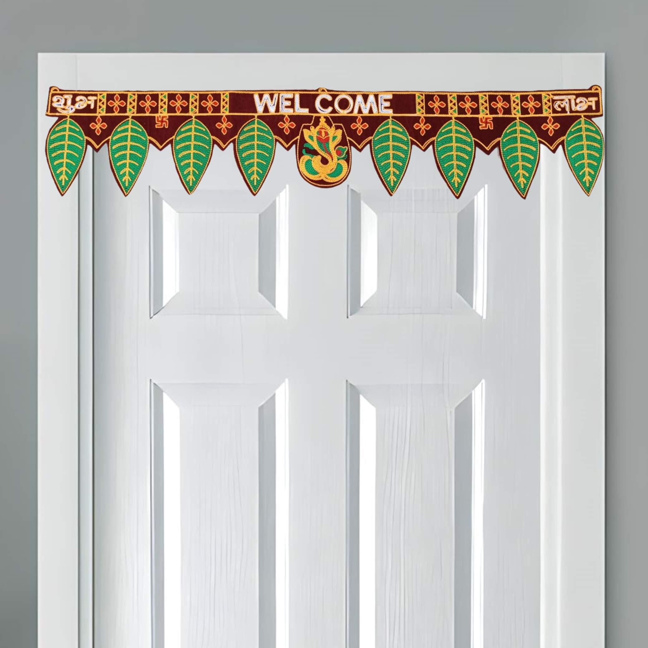 CREYENTES Toran for Door, Ganesha with Mango Leaf, Welcome Bandarwal, Wall Hanging, Temple, Pooja Room, Diwali, Rajasthani, Embr